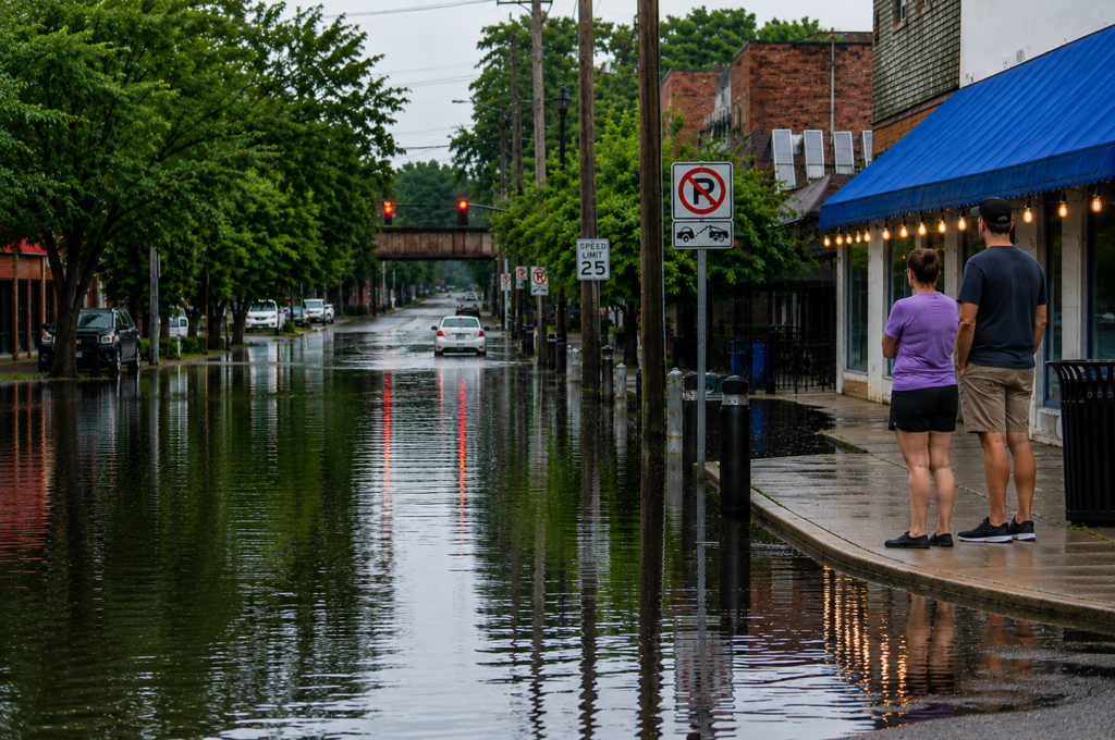 Floodwaters cover a street in Indiana following days of heavy rain and severe storms that caused widespread damage and displaced more than 1,000 residents.
