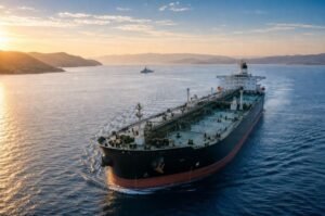 An oil tanker moves through the Strait of Hormuz as uncertainty over U.S.-Iran diplomacy keeps attention focused on security and commercial shipping in the critical energy corridor.