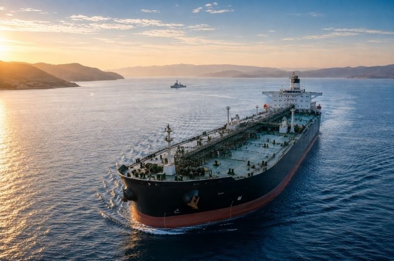 An oil tanker moves through the Strait of Hormuz as uncertainty over U.S.-Iran diplomacy keeps attention focused on security and commercial shipping in the critical energy corridor.