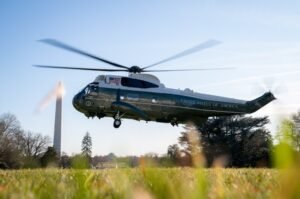 Marine One, carrying President Donald J. Trump, lifts off from the South Lawn of the White House,