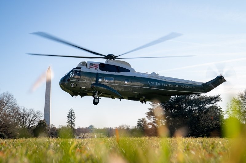 Marine One, carrying President Donald J. Trump, lifts off from the South Lawn of the White House,