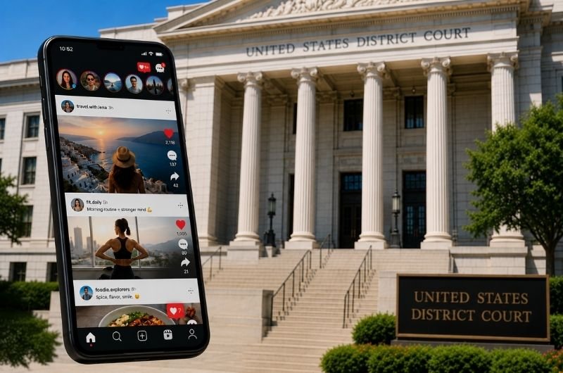 A social-media feed appears against a federal courthouse backdrop as a landmark case challenges how Meta designs Instagram and Facebook for younger users.