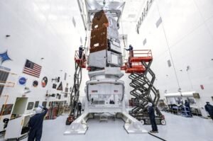 NASA’s Nancy Grace Roman Space Telescope undergoes final preparations ahead of its August 30 launch. The new observatory will survey areas of the sky at least 100 times larger than Hubble can capture in a comparable observation.