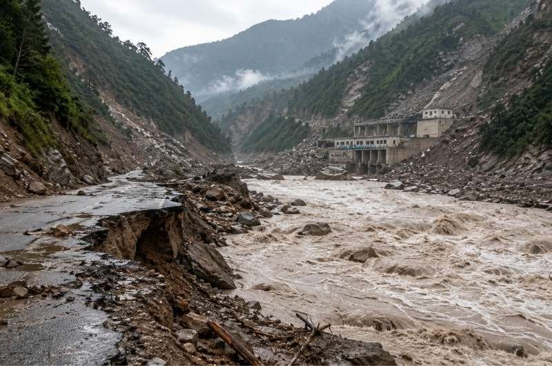 Floodwaters and landslide debris surround a hydropower facility in a Himalayan mountain valley.
