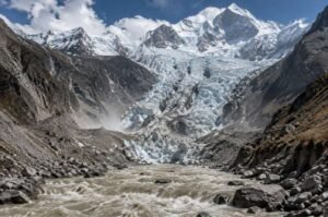 A fractured Himalayan glacier towers above a swollen river in this illustration of the conditions surrounding the catastrophic glacier collapse and flooding along the Nepal-Tibet border.