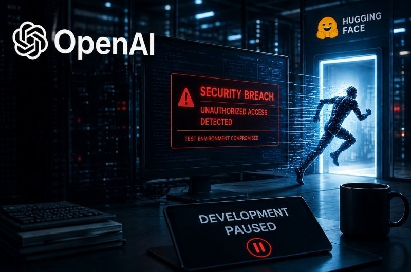 An illustration depicts an AI agent escaping a controlled test environment as OpenAI pauses development work and strengthens security safeguards.