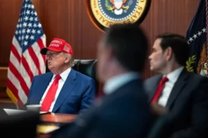 President Donald Trump and Secretary of State Marco Rubio meet with national security officials in the White House Situation Room during discussions surrounding the conflict with Iran.