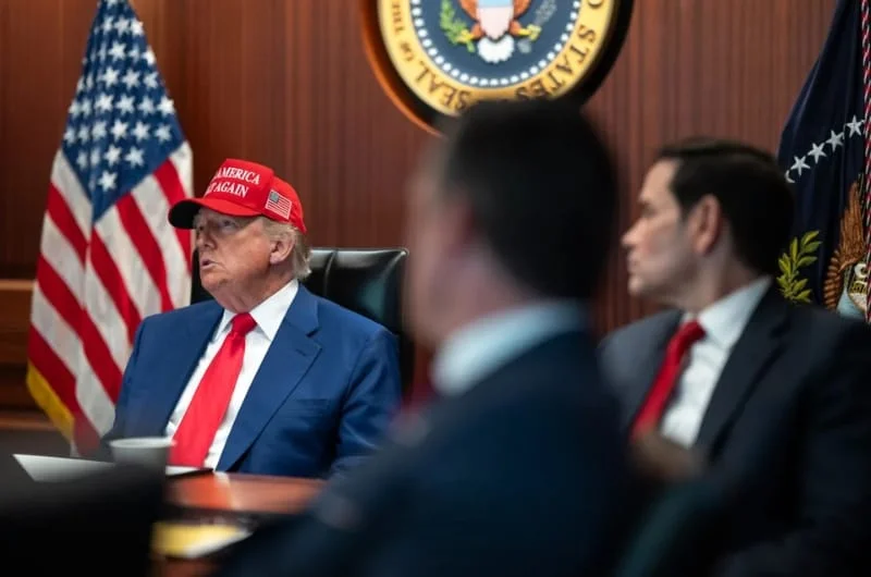 President Donald Trump and Secretary of State Marco Rubio meet with national security officials in the White House Situation Room during discussions surrounding the conflict with Iran.