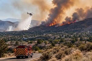 Fire crews battle a wildfire near a residential community as aircraft support firefighting efforts from above. The Hawk Fire near Reno has destroyed at least 32 homes as crews begin gaining ground on the blaze.