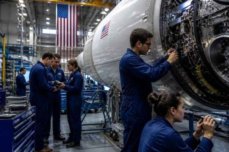 Aerospace technicians work on rocket hardware inside a U.S. manufacturing facility as the nation prepares for a major expansion of its space transportation infrastructure.