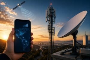 A satellite, cellular tower and ground-based communications equipment illustrate how satellite and terrestrial networks could work together to expand mobile connectivity.
