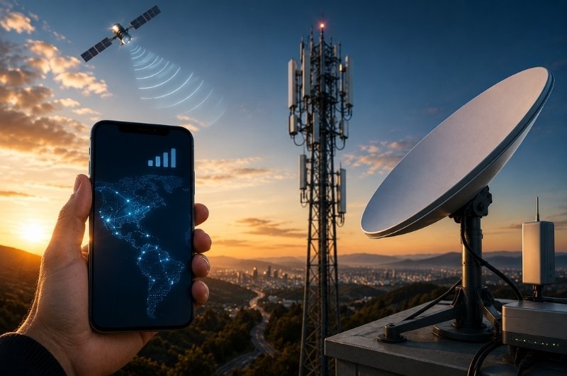 A satellite, cellular tower and ground-based communications equipment illustrate how satellite and terrestrial networks could work together to expand mobile connectivity.