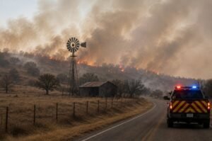 A fast-moving wildfire burns across dry ranchland in North Texas. The Ross Fire has grown to approximately 80,000 acres as firefighters work to contain the blaze.
