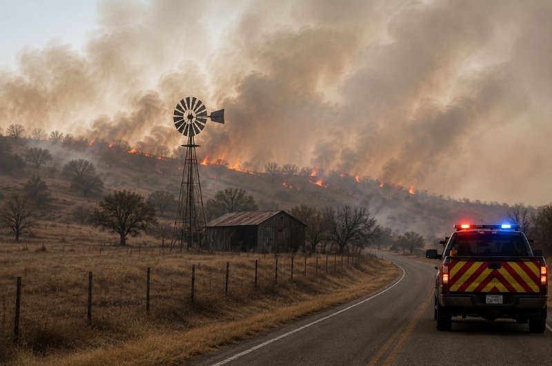 A fast-moving wildfire burns across dry ranchland in North Texas. The Ross Fire has grown to approximately 80,000 acres as firefighters work to contain the blaze.
