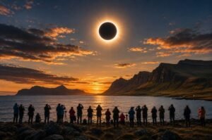 Skywatchers gather along a rugged coastline as a total solar eclipse briefly transforms the daylight sky. The August 12 eclipse crosses Greenland, Iceland and parts of Europe.