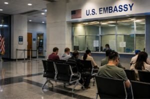 A U.S. Embassy consular waiting area. The State Department has temporarily paused immigrant visa appointments worldwide while consular officers undergo new training.