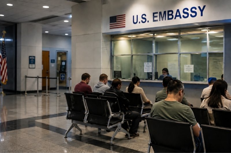 A U.S. Embassy consular waiting area. The State Department has temporarily paused immigrant visa appointments worldwide while consular officers undergo new training.