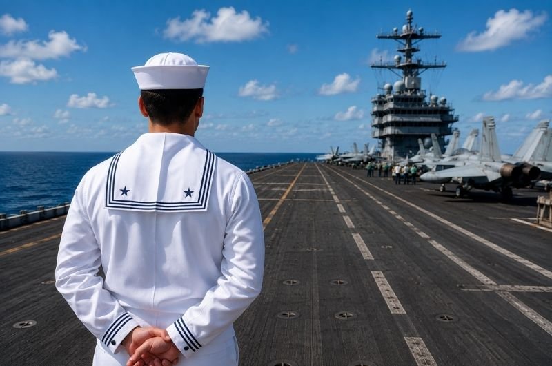 A U.S. Navy sailor stands aboard a Navy ship at sea. The father of an active-duty sailor serving aboard the USS Abraham Lincoln has been detained by U.S. immigration authorities.