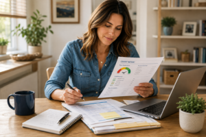 A woman reviews her credit report.