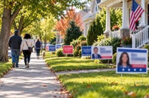 Campaign signs line a residential street as the 2026 midterm general election season gets underway.