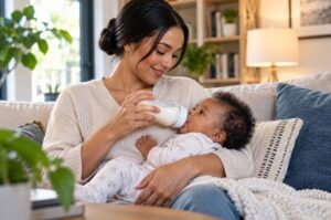 A mother bottle-feeds her baby at home as a nearly $385 million settlement highlights the manufacturing and safety standards behind infant formula products.