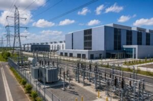 A large data center operates alongside high-capacity electrical infrastructure as rapidly expanding AI computing demands put increasing pressure on power grids in Texas and across the United States.