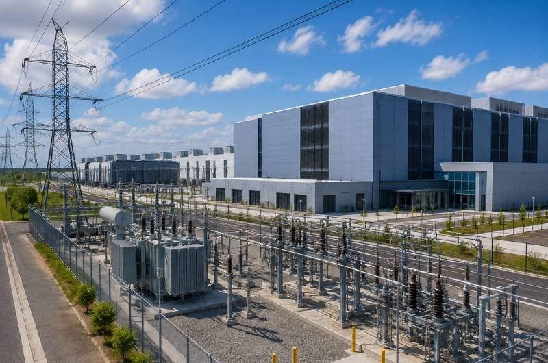 A large data center operates alongside high-capacity electrical infrastructure as rapidly expanding AI computing demands put increasing pressure on power grids in Texas and across the United States.