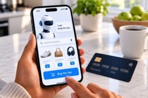 A shopper uses an AI-powered shopping tool as banks call for stronger consumer protections around purchases made by AI agents.