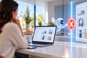 An AI shopping agent encounters a digital barrier while attempting to access products, illustrating the growing battle over who controls AI-powered online shopping.