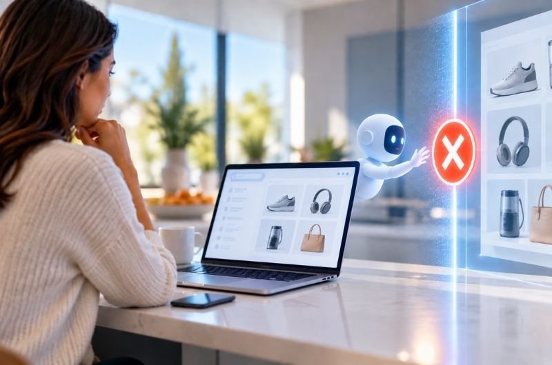 An AI shopping agent encounters a digital barrier while attempting to access products, illustrating the growing battle over who controls AI-powered online shopping.