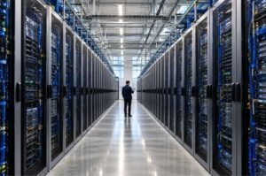 A technician walks through a massive data center as Anthropic plans at least $518 billion in AI infrastructure commitments over the next decade.