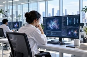 An AI researcher analyzes model data in a modern technology lab as U.S. agencies accuse Chinese companies of extracting capabilities from leading American artificial intelligence systems.
