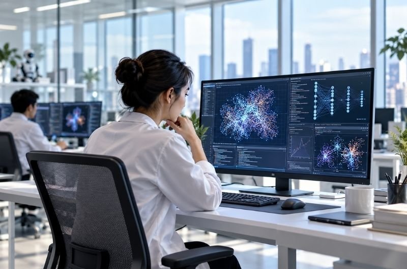 An AI researcher analyzes model data in a modern technology lab as U.S. agencies accuse Chinese companies of extracting capabilities from leading American artificial intelligence systems.