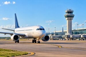 An aircraft taxis near an airport control tower as the FAA moves ahead with a major effort to replace aging air traffic control systems across the United States.