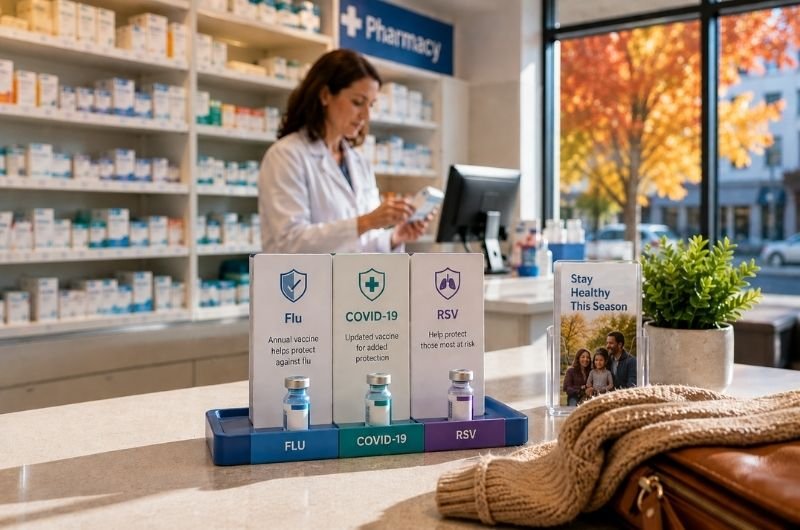 A pharmacy prepares for the fall respiratory-virus season as doctors release updated vaccination recommendations for flu, COVID-19 and RSV.