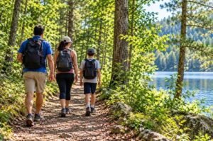 A family walks along a wooded trail as the federal government launches a new effort to reduce disease-carrying mosquitoes and ticks, beginning with a large-scale campaign in Washington, D.C.