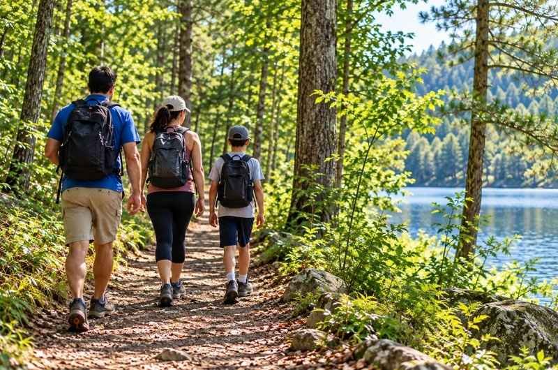 A family walks along a wooded trail as the federal government launches a new effort to reduce disease-carrying mosquitoes and ticks, beginning with a large-scale campaign in Washington, D.C.