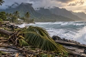 Storm damage along Hawaii’s coastline leaves a roadway heavily damaged and covered with debris as communities begin recovering from Hurricane Lowell.
