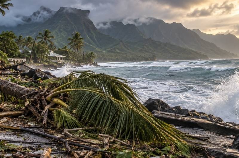 Storm damage along Hawaii’s coastline leaves a roadway heavily damaged and covered with debris as communities begin recovering from Hurricane Lowell.