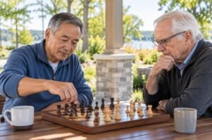 Two older adults play chess as part of an active lifestyle that can help keep the mind engaged with age.