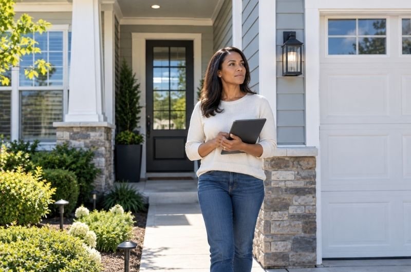 A homeowner stands outside her home as falling HELOC rates make borrowing against home equity less expensive for some consumers.