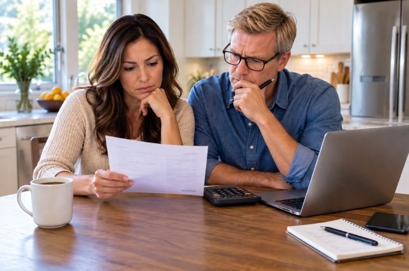 A couple reviews household finances as higher interest rates increase borrowing costs for credit cards and other variable-rate debt.