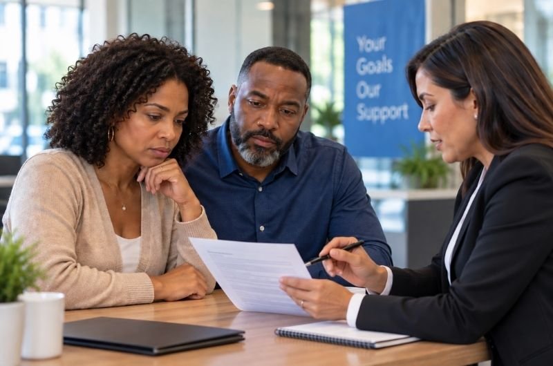 A couple reviews financial documents with a loan officer as the possibility of additional Federal Reserve rate increases puts borrowing costs back in focus.