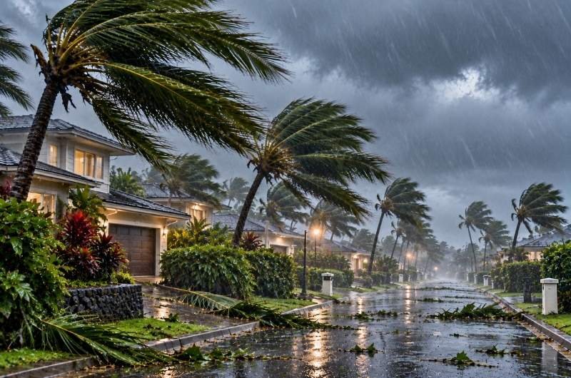 Powerful winds and heavy rain batter a Hawaiian neighborhood as Hurricane Nolo approaches the Big Island.