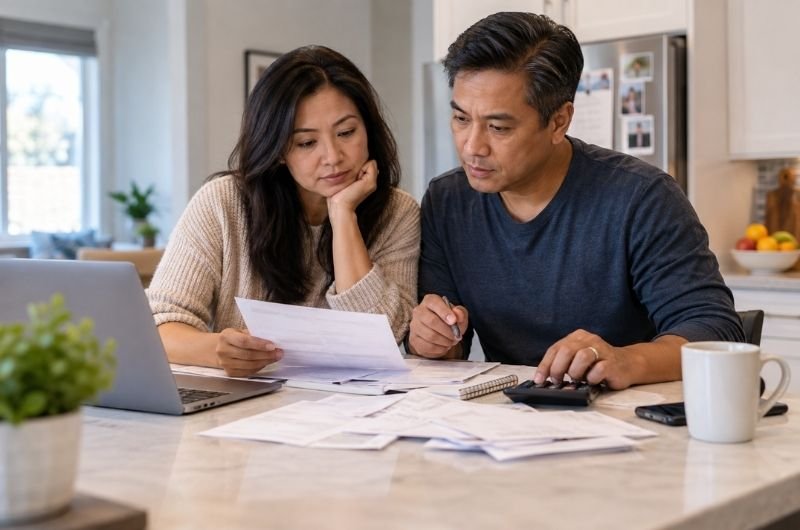 A couple reviews household finances as higher inflation, rising fuel prices and elevated borrowing costs continue to put pressure on American budgets.