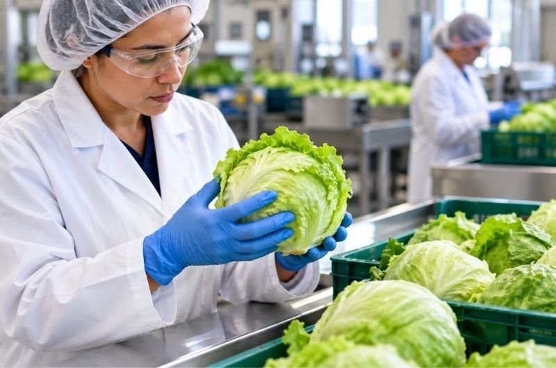 Food-safety inspectors examine iceberg lettuce at a produce processing facility as federal oversight of imported food comes under scrutiny.