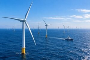 Offshore wind turbines rise from the ocean as New York, California and other states challenge federal agreements to cancel several major offshore wind leases.