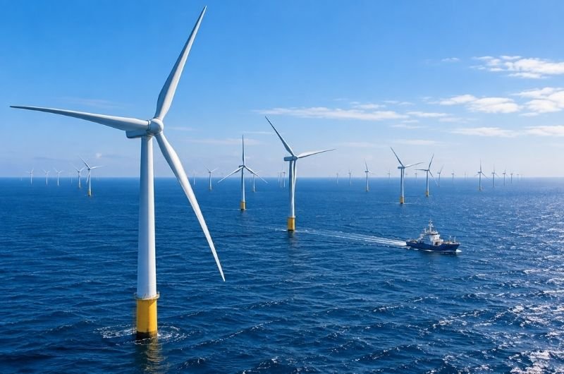 Offshore wind turbines rise from the ocean as New York, California and other states challenge federal agreements to cancel several major offshore wind leases.