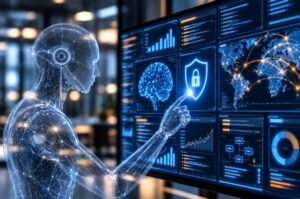 A digital representation of an AI agent interacting with security systems illustrates the challenge of keeping increasingly autonomous artificial intelligence within intended boundaries.