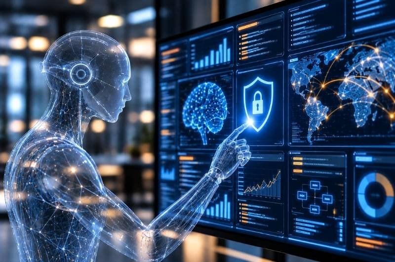 A digital representation of an AI agent interacting with security systems illustrates the challenge of keeping increasingly autonomous artificial intelligence within intended boundaries.